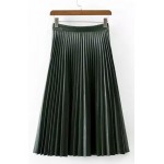 Green Camel Brown Burgundy Pleated PU Faux Leather Long Skirt Dress